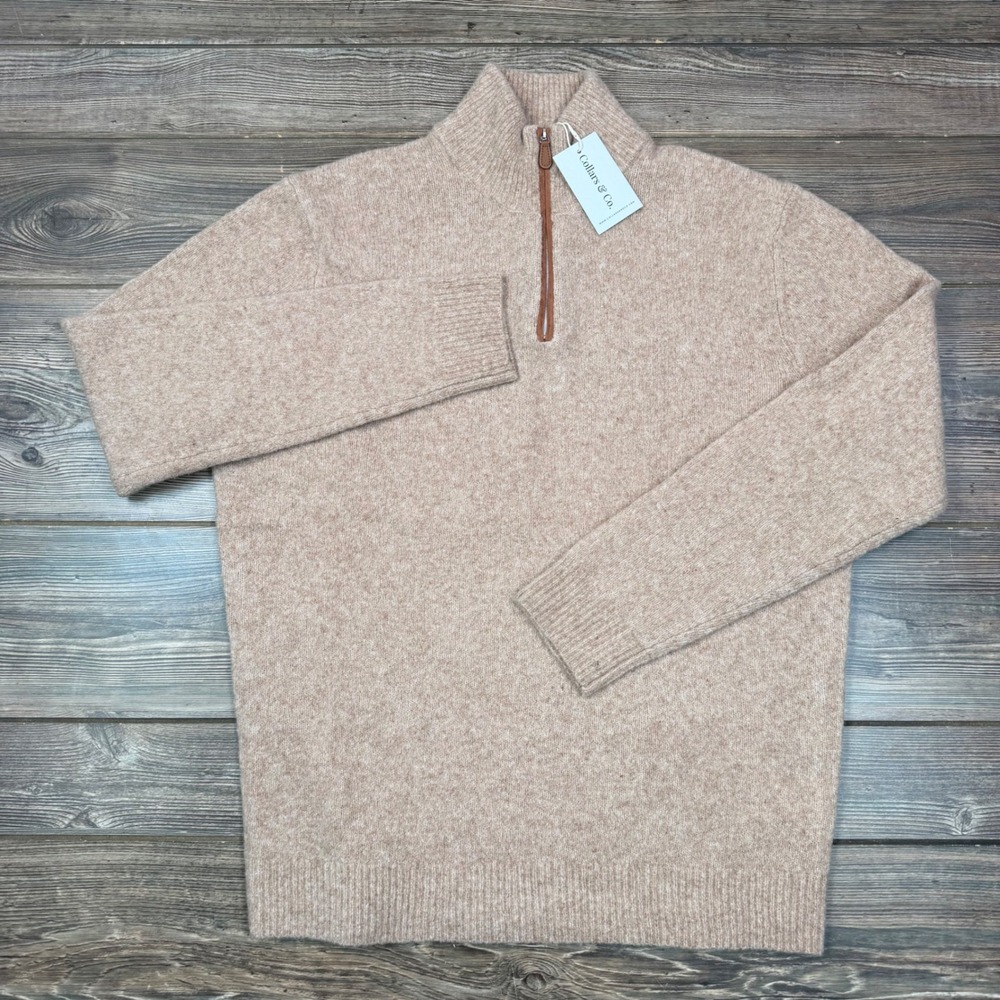 Collars & Co Mens XL Balmoral Quarter Zip Sweater Oatmeal Tan Wool Blend NWT